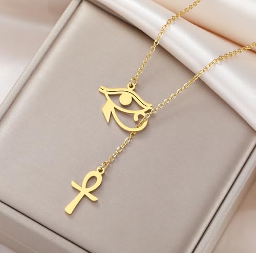 Ankh Cross Y Necklace Key of Life Eye of Horus Pendant Cartouche Long Chain Protection African Coptic Amulet Ancient Egyptian Religious Jewelry Gift for Women Men - color: Ankh Cross Eye of Horus gold