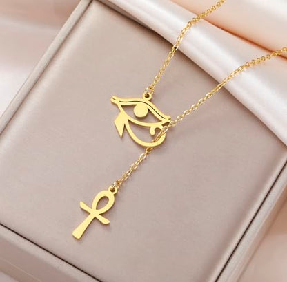 Ankh Cross Y Necklace Key of Life Eye of Horus Pendant Cartouche Long Chain Protection African Coptic Amulet Ancient Egyptian Religious Jewelry Gift for Women Men - color: Ankh Cross Eye of Horus gold