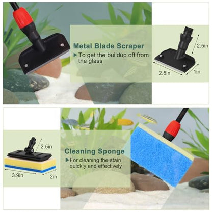 hygger Easy Clean Fish Tank Cleaner, 6 in 1 Aquarium Cleaning Tools Kit with Extendable Handle Algae Scraper Sponge Scrubber Firm Scrub Brush Fish Net Gravel Rake for Acrylic & Glass Tank - size: M(Extendable Handle)