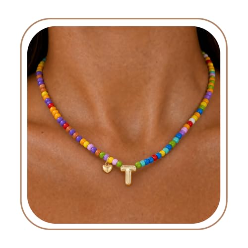 Colorful Initial Necklaces Fashion Stuff 18K Gold Plated Letter A-Z - color: T