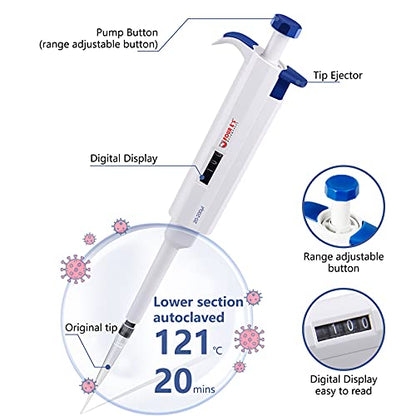 FOUR E'S SCIENTIFIC 20-200μL Pipette, Adjustable Volume Micropipette | Single-Channel Pipettor, Ergonomic Design, Precise Volume Dial - size: 06 (20-200uL)