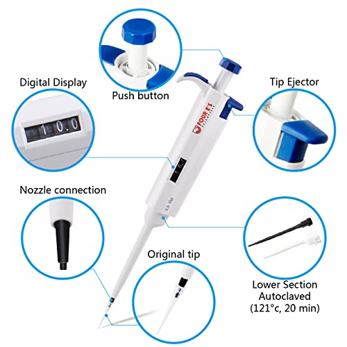 FOUR E'S SCIENTIFIC 0.5-10μL Pipette, Adjustable Volume Micropipette | Single-Channel Pipettor, Ergonomic Design, Precise Volume Dial - size: 02 (0.5-10uL)