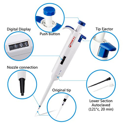 FOUR E'S SCIENTIFIC 0.5-10μL Pipette, Adjustable Volume Micropipette | Single-Channel Pipettor, Ergonomic Design, Precise Volume Dial - size: 02 (0.5-10uL)