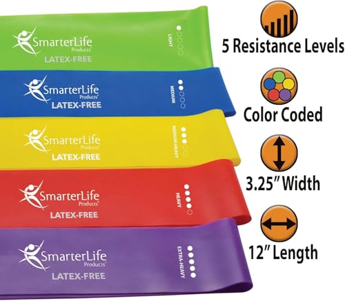 SmarterLife Resistance Bands, Set of 5 Extra Wide Latex-Free Exercise Bands | Bands for Working Out - For Women, Men - Weight Loss, Physical Therapy Bands, Booty Bands, Home Gym, Workout Guide Included
