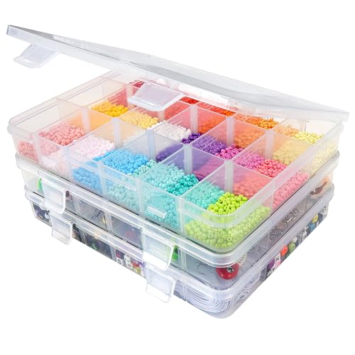CGCG 3-Pack 18-Grid Clear Plastic Beads Organizer Box 7.9x5.8 | Multi compartment container case with adjustable dividers for small crafts, jewelry, fishing tackle, nail charm stickers
