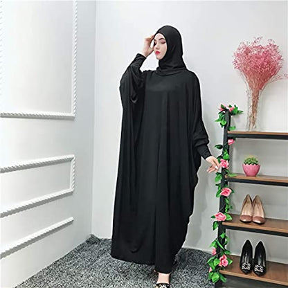 FPOVFPO Womens Solid One-Piece Prayer Dress Muslim Abaya Islamic Maxi Breathable Ramadan Dress Kaftan Hijab - color: Black