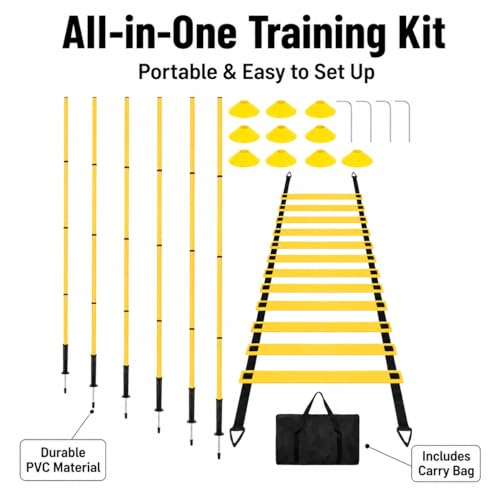 PVC Agility Ladder, 6m Speed and Agility Kit, 10 Training Cones & 6 Marker Poles, Sports Training Set with Carry Bag for Football