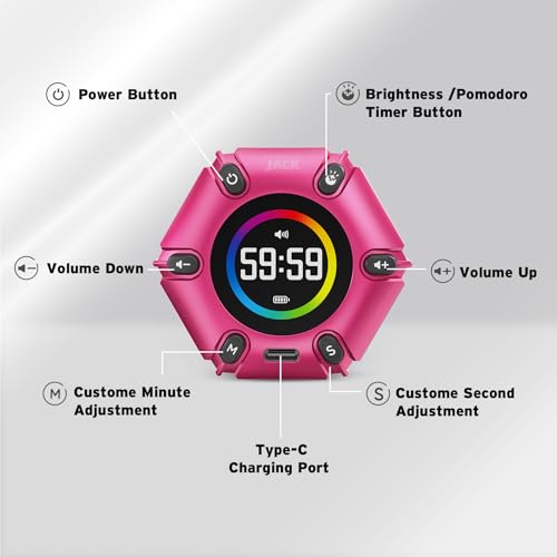 Printers Jack Visual Pomodoro Timer, Productivity Cube Timer, Mute & Vibration & Adjustable Sound Alert, for Office, ADHD, Study, Work, 3/5/10/25/30/60min & Custom Countdown - Hot Pink - color: Hot Pink