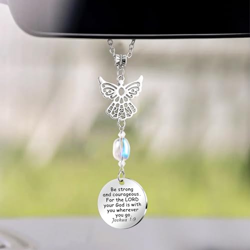 Angel Car Charms Rear View Mirror Accessories Christian Car Jewelry,Guardian Angel Hanging Ornament,Bible Religious Gifts,Rear View Mirror Accessories for Women Teen Girls Friends(Joshua 1:9) - style: Joshua 1:9