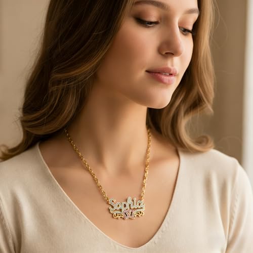 Custom Name Necklace Double Plated Name Necklace Personalized Name Plate Necklaces Name Necklaces for Women 18k Gold Plated Nameplate Pendant - color: Style 52