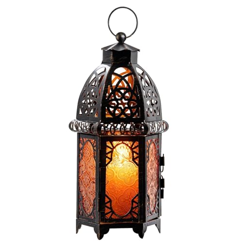 NEEDOMO 12.8'' Moroccan Lanterns Decorative Indoor & Outdoor, Vintage Christmas Candle Holder, Metal Lanterns Decorative, Table, Patio, Porch, Shelf, Christmas Spring Halloween Home Decor (Amber) - color: Amber, size: Large