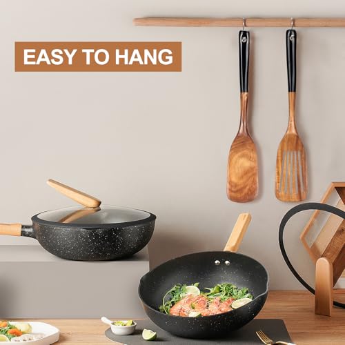 2 Pcs Wooden Spatula Set for Cooking Non Toxic Teak Kitchen Utensils Slotted Pancake Turner Flat Wood Wok Spatulas Bamboo Spoon for Cooking Utensil Set Spurtle Scraper Black Fish Egg Flipper Spatula - color: 2Pcs-Black