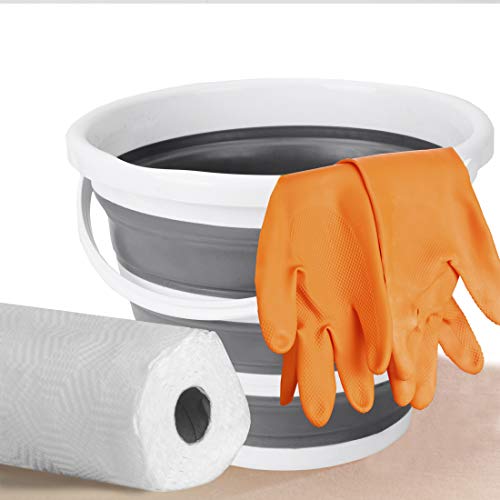 Indoor and Outdoor Collapsible Bucket with Handle, 10 Liters, 2.6 Gallons, Gray and White - size: 13.2” x 13” x 9.6”