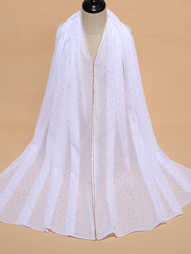 Geyoga Hijab Scarf for Women Soft Chiffon Rhinestone Long Scarf Shawl Fashion Muslim Hijab Head Wrap Scarves - color: White