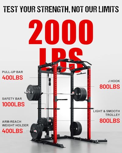 C1-V4 Power Cage, 2000LBS Squat Rack with LAT Pulldown, Multi-Function Weight Cage Strength Training Machine, Workout Cage with More Attachments for Home Gym Garage - style: RD Power Cage C1-V4