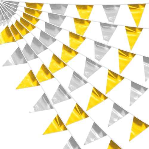 4P Gold Silver Party Decorations - Metallic Fabric Triangle Pennant Banner Flags - Indoor/Outdoor Bunting Garland for Birthday, Wedding, Graduation & Theme Parties - color: Gold Silver