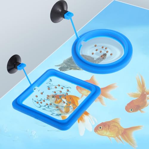 2 Pcs Fish Feeding Ring, Aquarium Feeding Ring Turtle Tank Accessories Automatic Square and Round Floating Food Feeder with Suction Cup for Betta Guppy Goldfish (Blue) - color: Blue