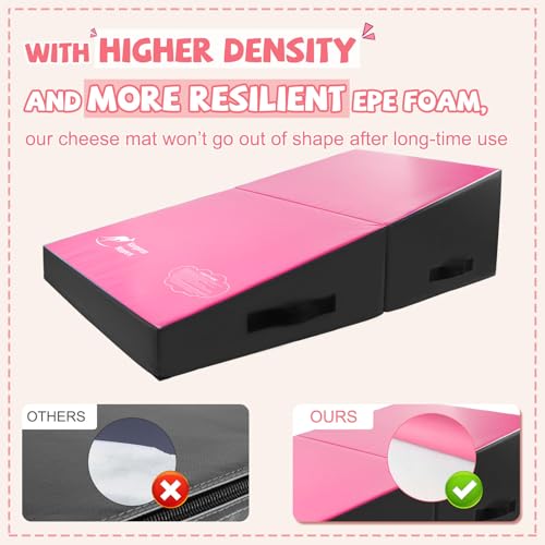 Kangaroo Hoppers Gymnastics Cheese Wedge Mat for Kids Ages 1-12 | 3 Sizes Folding Incline Mat with High-Density EPE Foam and Removable PVC Leather Cover, Home Gym Training Equipment - color: Black/Hot Pink, size: 48" x 24" x 14"