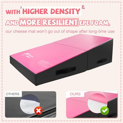 Kangaroo Hoppers Gymnastics Cheese Wedge Mat for Kids Ages 1-12 | 3 Sizes Folding Incline Mat with High-Density EPE Foam and Removable PVC Leather Cover, Home Gym Training Equipment - color: Black/Hot Pink, size: 48" x 24" x 14"