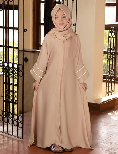 IDOPIP Muslim Dress for Girls Islamic Prayer Abaya Long Sleeve Cardigan Kaftan Robe Dresses with Hijab Ramadan Dubai Outfits - color: Champagne, size: 7-8 Years