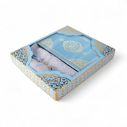 FURKAN Thermo Leather Quran Blue, Prayer Rug and Prayer Beads, Zuhre Gift Box - Blue - color: Blue