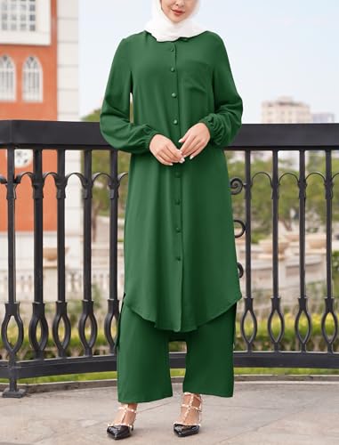 ODIZLI Women's Muslim 2 Pieces Sets Long Sleeve Button Down Shirt and Pants Abaya Casual Dress Dubai Outfits - color: Emerald Green, size: Large