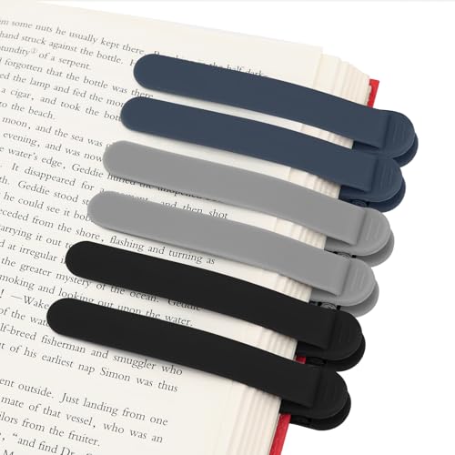 SMUK 6 Pieces Silicone Bookmark, Unique Automatic Bookmarks for Book Lovers Reading Women Men Teens Teachers, Book Mark Book Page Keeper Reading Gifts for Reading Lovers - color: 2 Black+2 Light Gray+2 Navy Blue