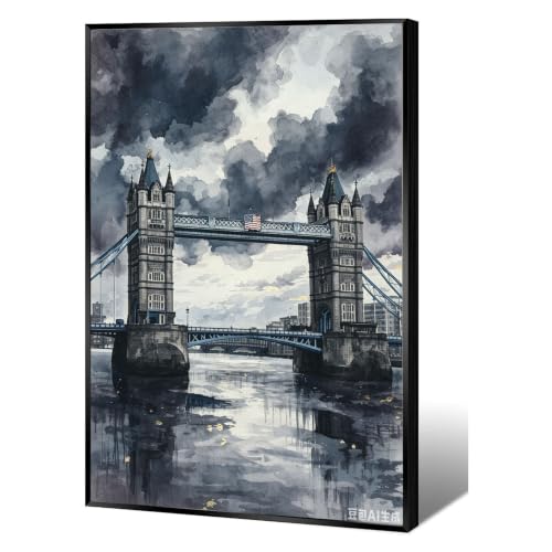Tower Bridge London Watercolor Canvas Wall Print Moody Stormy Sky River Reflection Gold Foil Cityscape Wall Decor - color: Nature12, size: 8x12in Black Framed