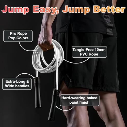 Weighted Jump Rope, 1LB Tangle-Free Ball Bearing Rapid Speed Skipping Rope for Men Women, Adjustable 9mm Cotton & PVC Rope with Alum Handle for Boxing MMA Weight-Loss Athletic Workout Fitness - color: White