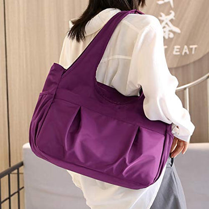 Tote Bag for Women Nylon Lightweight Large Handbag Purses Multi-pocket Shoulder Bag for Work Travel - color: Purple