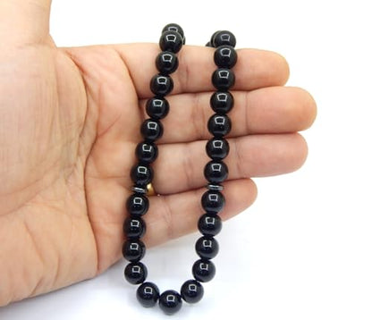 Perlin Muslim Prayer Beads 33 Bead Black Onyx Tasbih – Islamic Misbaha Subha Dhikr Beads with 10 mm Polished Onyx Gemstone Beads, Hematite Spacers and 925 Sterling Silver Imam, Ottoman Style Rosary