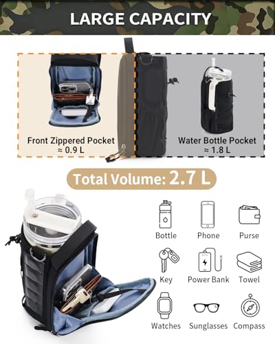 sportsnew 40oz Insulated Crossbody Water Bottle Bag Gym Hiking Phone Pocket | Water-resistant Lining, Padded Strap, Top Handle, Drawstring, Phone Pocket, Elastic Slots, Built-In Key Clip for Gym Walking - color: Deep Black -Magnetic