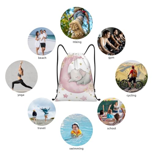 Cute Elephant on Pink Crescent Moon Drawstring Bags Reusable Polyester Durable Lightweight Storage Bags for Travel Gym Promotional Events Daily Organization