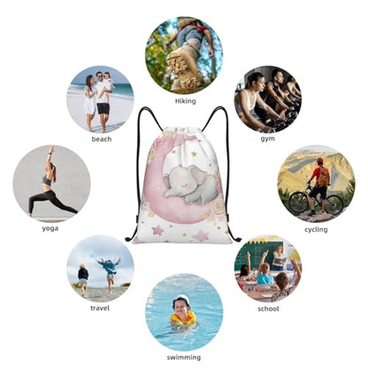 Cute Elephant on Pink Crescent Moon Drawstring Bags Reusable Polyester Durable Lightweight Storage Bags for Travel Gym Promotional Events Daily Organization