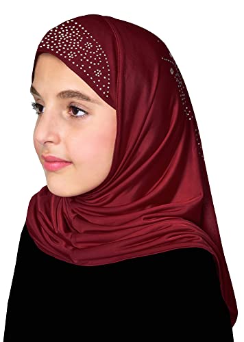 Aiyah Hijab for Girl's 1 piece Elastane-Spandex Amira Head Scarf with Rhinestones Easy Pull-on Headscarf - color: Medium - Burgundy, size: Medium