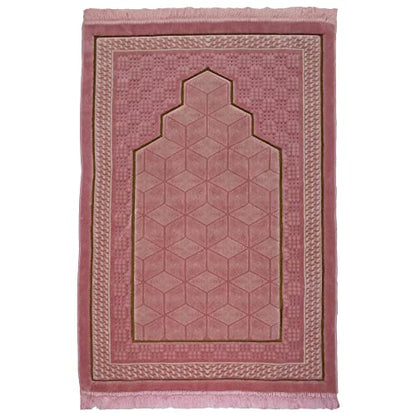 Modefa Turkish Islamic Velvet Prayer Rug - Thick & Wide Soft Praying Carpet for Men & Women - Double Plush Large Janamaz - Eid & Ramadan Gift - with Kufi, Beads & Car Hanger - Geometric Noor (Pink) - color: Pink
