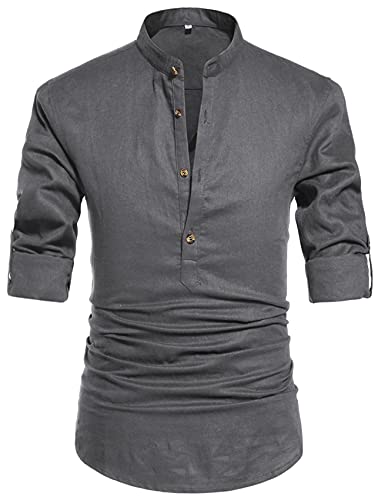 NITAGUT Men Henley Neck Long Sleeve Daily Look Linen Shirts - color: Dark Grey, size: Small