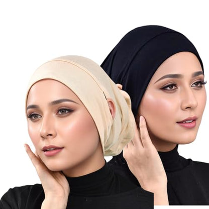Muslim Under Scarf Tube Inner Cap for Women Islamic Turban Wrap Hijab Undercap Bonnet with Ear Hole - color: Black Beige