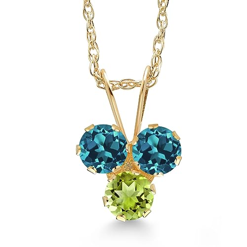 Gem Stone King 14K Yellow Gold London Blue Topaz and Green Peridot 3-Stone Pendant Necklace For Women (0.38 Cttw, Gemstone November Birthstone, Round 3MM, 18 Inch Chain)