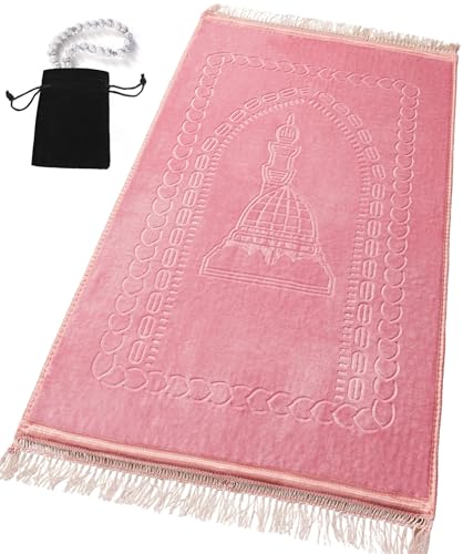 Prayer Rug Muslim Mat Islamic - Luxurious Velvet Turkish Prayer Rug Sajadah for Kids Men Women for Eid Travel Ramadan, Soft and Luxury (Pink) - color: Pink