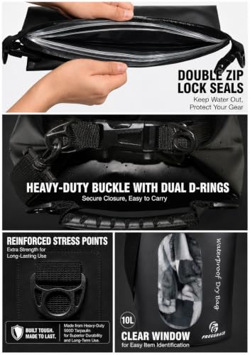Freegrace Waterproof Dry Bag Set of 3 - Submersible Dry Sack with Double Zip Lock Seals - Includes Waist Pouch & Phone Case - Perfect for Kayaking, Swimming, Boating & Rafting (Black(Window), 20L) - color: Black, size: 20L, style: Window