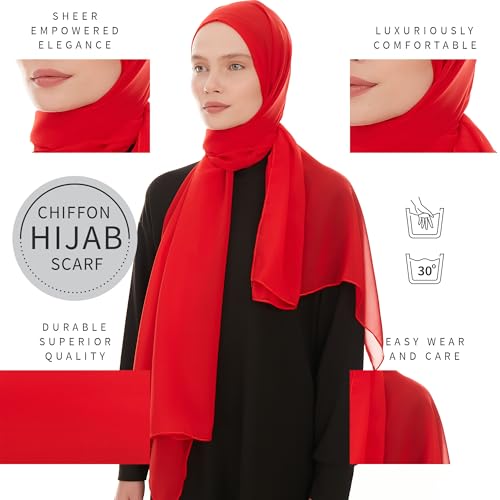 Chiffon Hijab Scarf for Women - Chiffon Hijab Muslim Headscarf Shawl - Soft Fashion Scarf Muslim Headscarf Shawl - color: Red