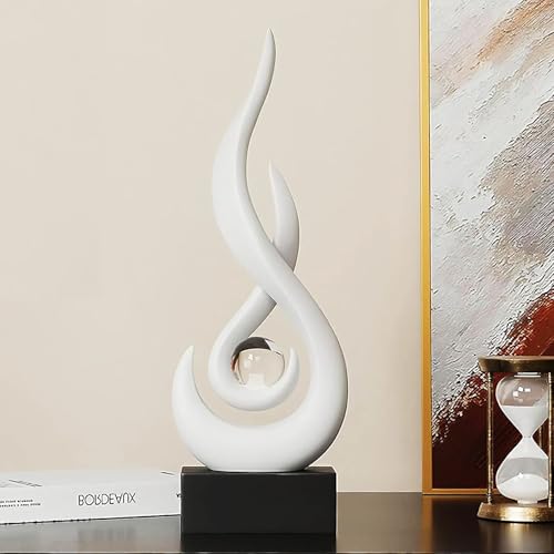 Modern Flame Sculpture Decor Flame Statue with Glass Ball Resin Abstract Art Figurines Centerpiece for Home Living Room Stand Coffee Table Office Decor (Medium White) - color: Medium White