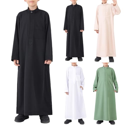 Muslim Thobe for Boys Long Sleeve Islamic Arabic Kaftan Dubai Button Robe Middle East Prayer Dress Kids Ramadan Eid Outift - color: Black, size: 7-8 Years