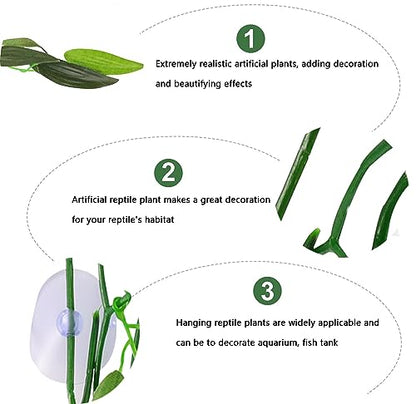 Artificial Aquarium Plants Plastic, Reptile Plants Hanging Silk Terrarium Rattan Ornament with Suction Cup (Green)