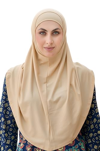 SARJANA Women's Solid Color Cotton Hijab with Under Scarf Cap Ready to Wear Stretch Scarves Long Scarfs FREE SIZE - color: Beige