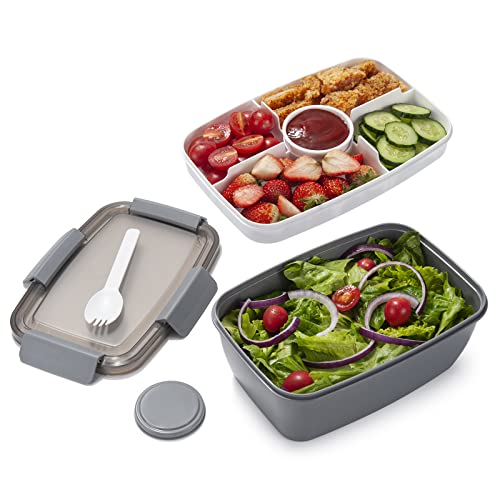 Freshmage Salad Lunch Container To Go, 68-oz Grey-XL, Leak-proof Lid, 4 Compartments, Sauce Container, Safe Material, Easy Carry - color: Grey-68oz
