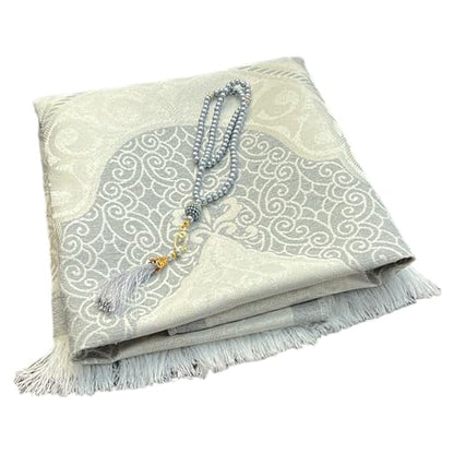 Muslim Prayer Rug and Beads with Elegant Slub Fabric Bag | Janamaz | Sajadah | Soft Islamic Prayer Rug | Islamic & Mawlid Gifts | Prayer Carpet Mat, Taffeta Fabric (Grey, 8 Sets) - color: Grey, size: 8 Sets