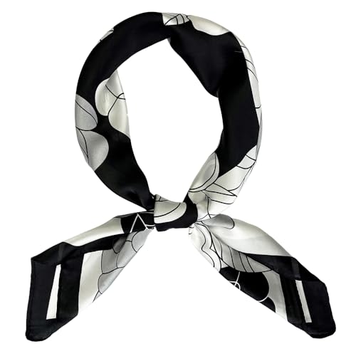 FONYVE Silk Feeling Scarf Medium Square Satin Head Scarf for Women 27.5 × 27.5 inches - color: 03 White & Black Flowers