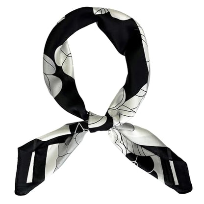 FONYVE Silk Feeling Scarf Medium Square Satin Head Scarf for Women 27.5 × 27.5 inches - color: 03 White & Black Flowers